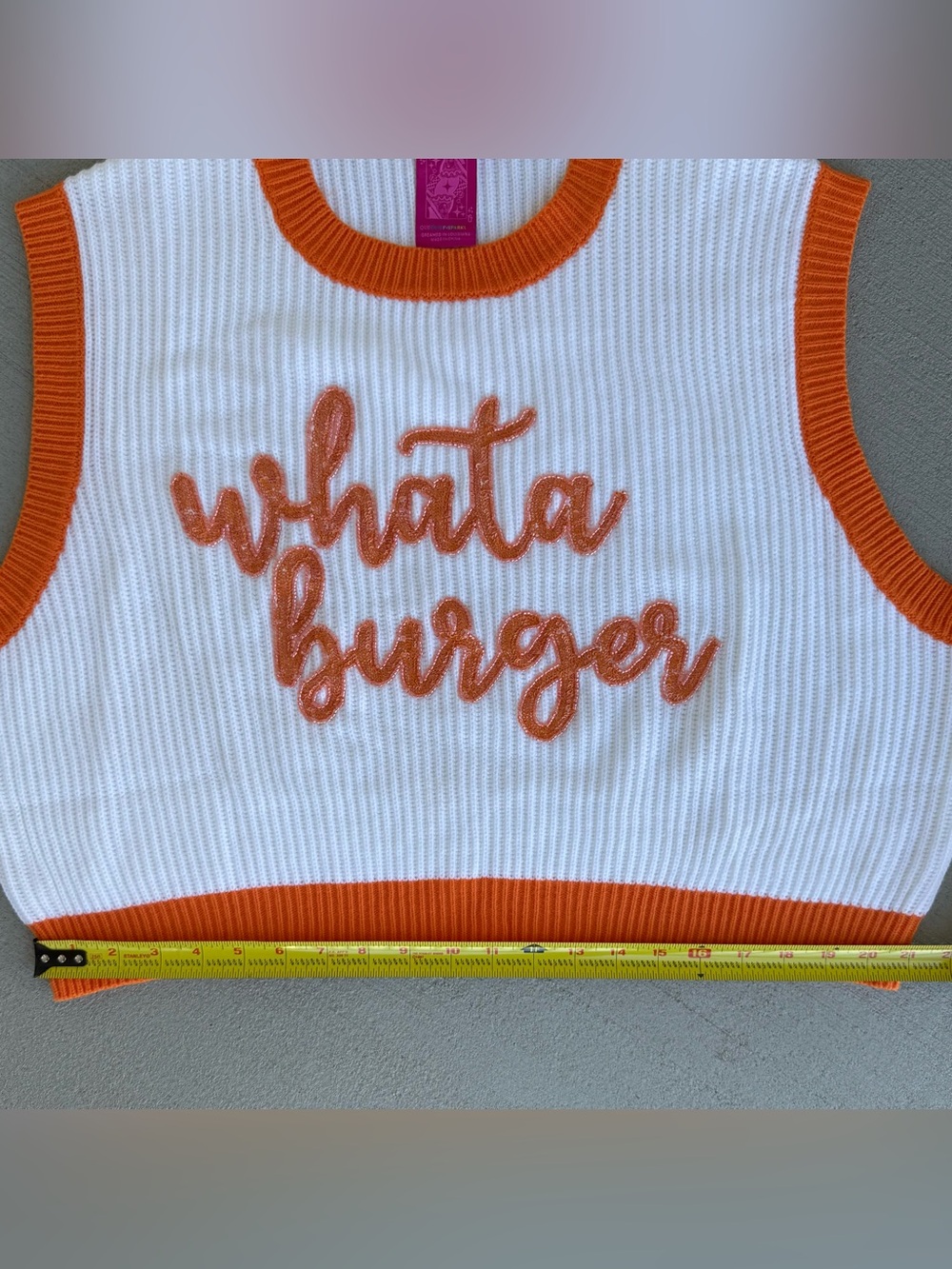 NEW Whataburger QUEEN OF SPARKLES Orange & White Rib-Knit Sweater Vest Size S - Picture 9 of 9